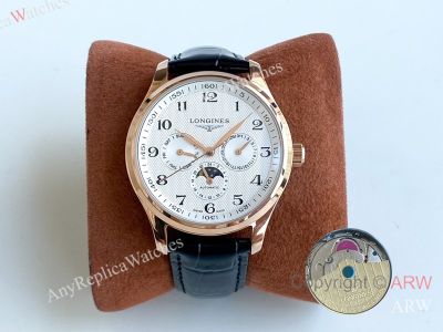 High Quality Replica LONGINES Men's Watch Black Genuine Leather Strap White Face Dial Rose Gold Case Watch 40*12mm